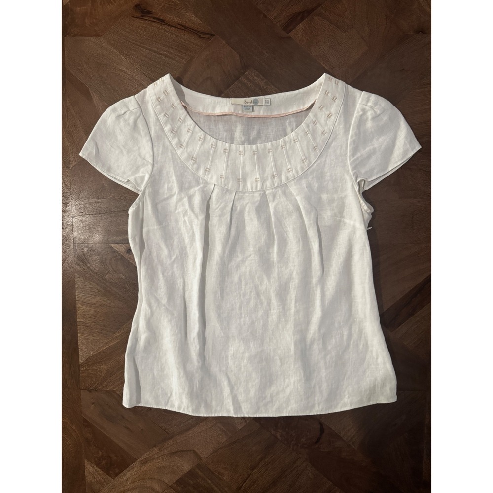 Boden White Linen Pleated Scoop Neck Cap Sleeve Coastal Minimalist Blouse US 4
